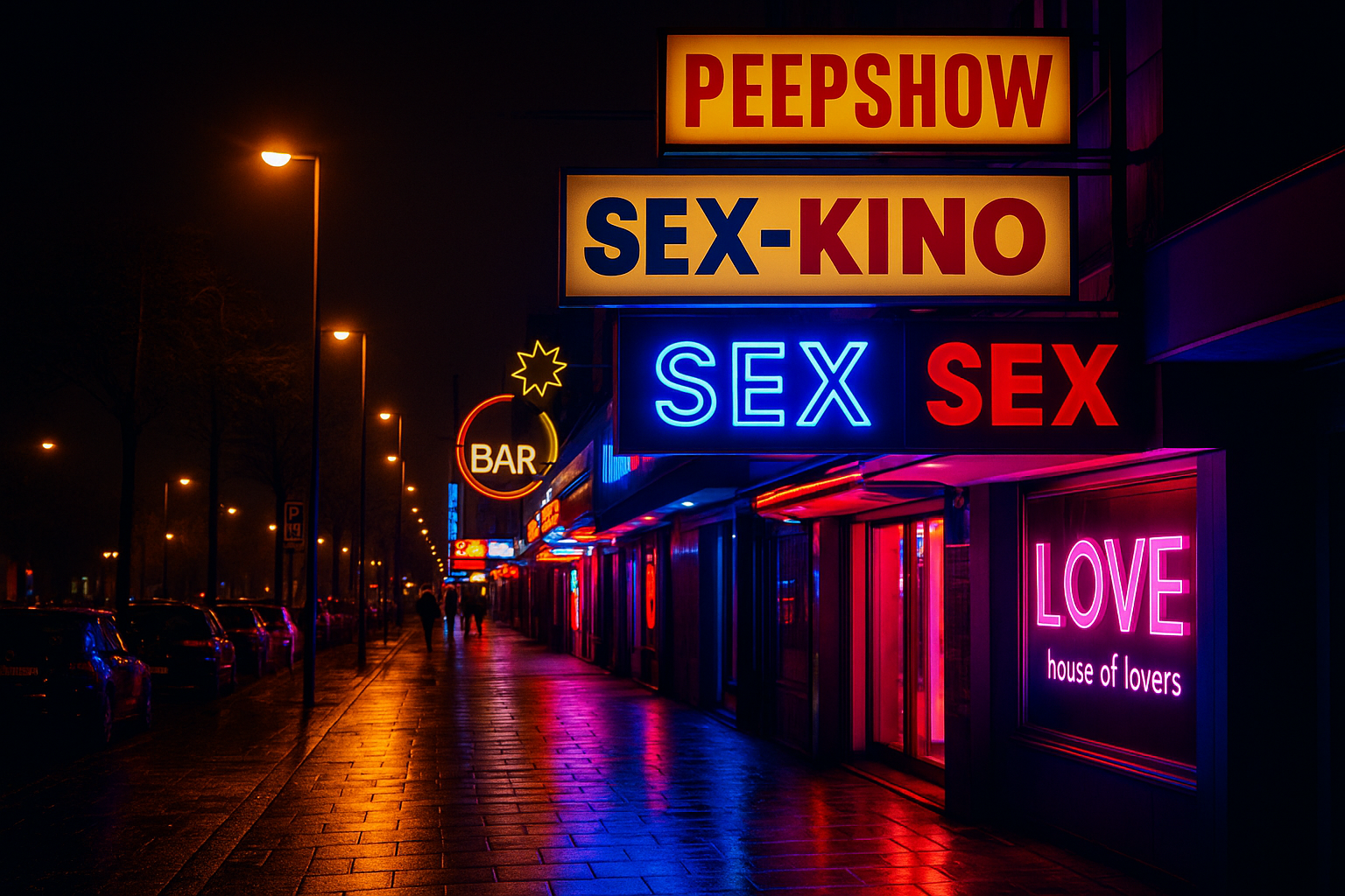 Neonlichter in einer nächtlichen Rotlichtstrasse mit beleuchteten Werbeschildern
