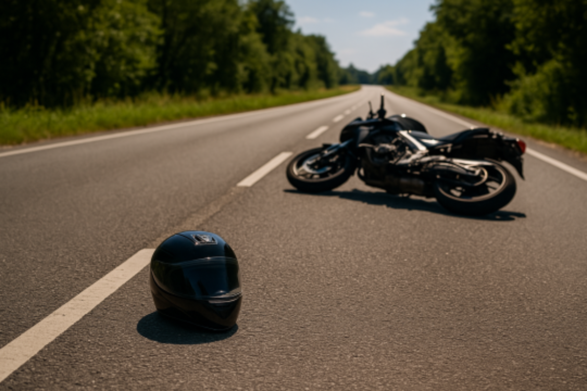 Motorradhelm liegt auf Asphalt neben beschädigtem Motorrad nach Unfall