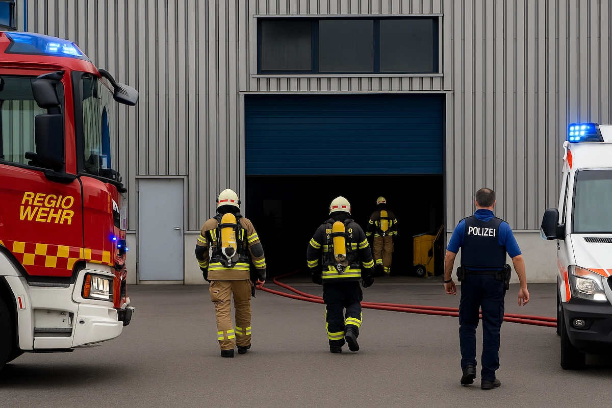 Feuerwehrleute und Polizist vor Industriehalle mit Rettungsfahrzeugen