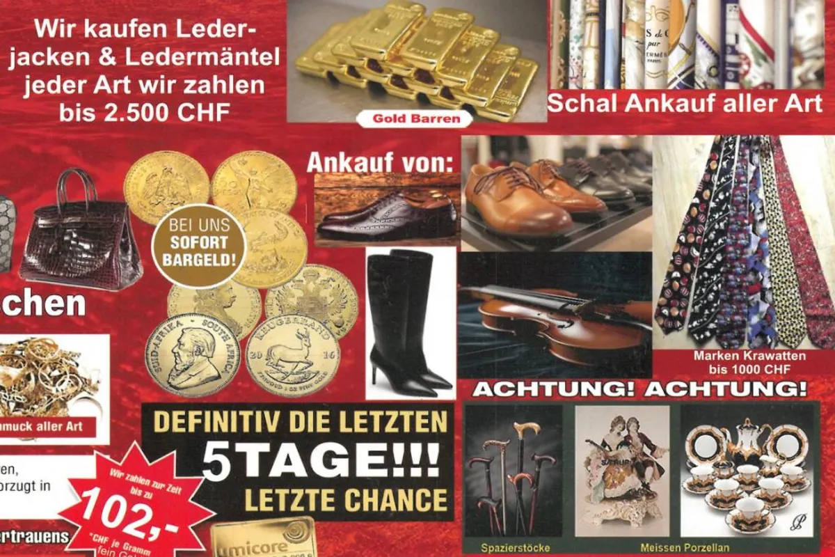 Goldankauf-Flyer mit Abbildungen von Goldbarren, Münzen, Schmuck und Kleidung – verspricht Sofort-Bargeld und hohe Preise