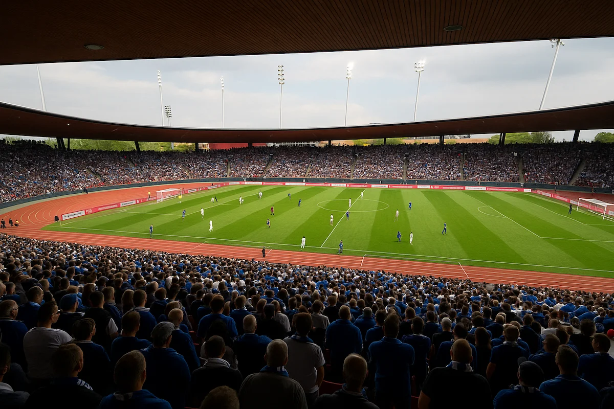 Fussballspiel im Letzigrund Stadion Zürich mit zahlreichen Zuschauern auf den Tribünen.